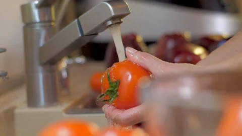 Washing under the tap tomatoes Stock Footage 86624242
