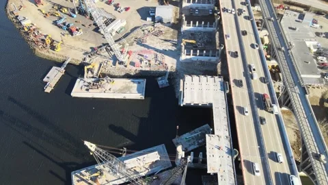 Washington Bridge Demolition and Construction in Providence – Aerial Views Stockbeeldmateriaal 297701837