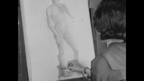 Washington DC 1930s: Man in classroom draws sculpture. Woman draws Stock Footage 329585336