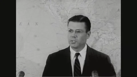 WASHINGTON DC - 1962: Cuban Missile Crisis Briefing — Close lectern with Cuba Stock Footage 342567555