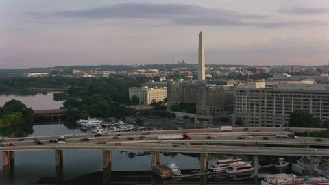 Washington, D.C. circa-2017, Aerial sunrise view of Washington Monument and Stock Footage 84332391