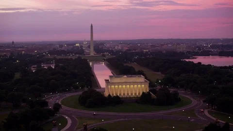 Washington, D.C. circa-2017, Flying past Lincoln Memorial at sunrise.  Shot with Stock Footage