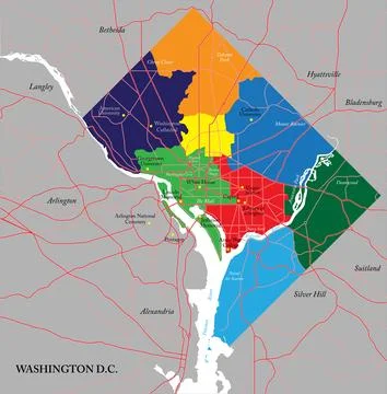 Washington D.C. map with all 8 wards and surrounding area Stock Illustration