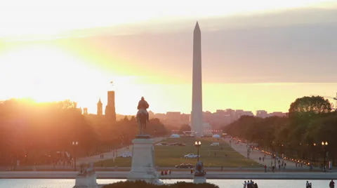 Washington DC national mall monument sunset evening Stock Footage
