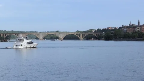 Washington DC - Potomac River and Georgetown Waterfront - Bridge and Buildings Stock Footage 94205355