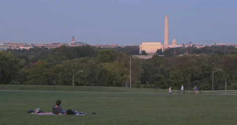 Washington DC Skyline Evening Pan with people Stock-Footage 160745419