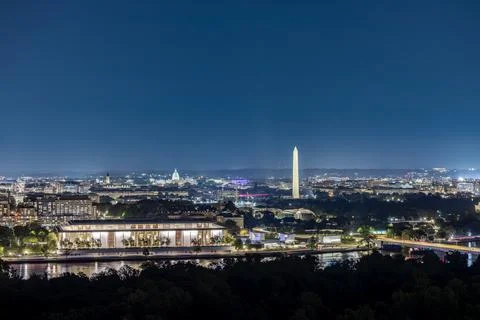 Washington, D.C. Skyline, Monuments and Potomac River at Night Stock Photos