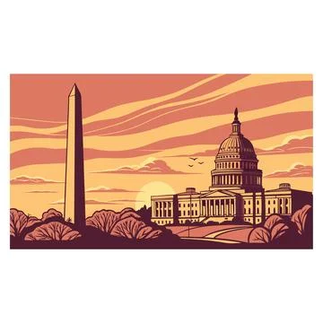 Washington dc skyline at sunset featuring capitol building and washington m.. 스톡 일러스트