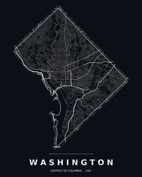 Washington DC Street Map Road Network Highways Dark Mode Editable Vector Stock Illustration