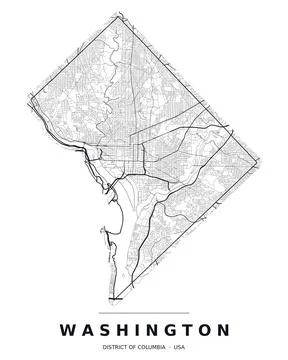 Washington DC Street Map Road Network Highways Black White Editable Vector Stock Illustration