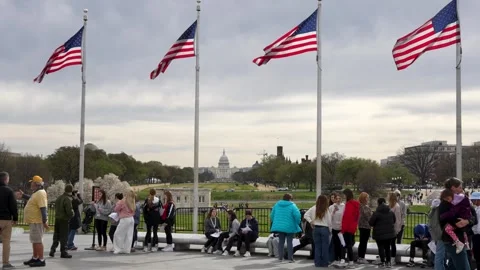 Washington DC tourists gather at the base of the Washington Monument with view Stock Footage 314634328