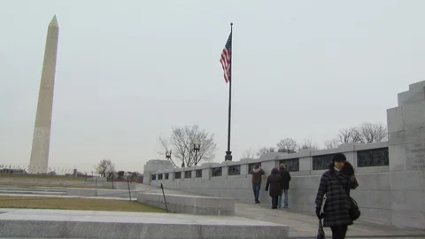 Washington DC World War II Memorial Washington Monument Stock Footage 123854096