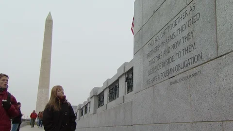 Washington DC World War II Memorial Washington Monument Stock Footage 123857202