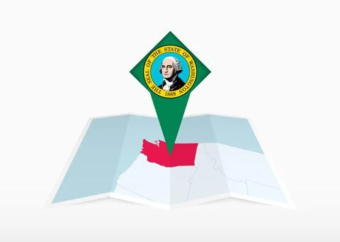 Washington is depicted on a folded paper map and pinned location marker wit.. Stock Illustration
