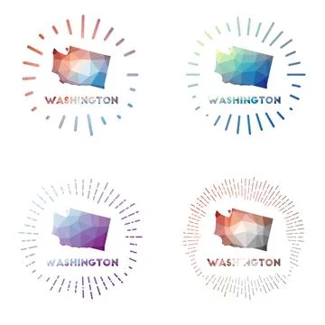 Washington low poly sunburst set. Logo of us state in geometric polygonal s.. Illustrazione stock