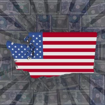 Washington map flag on dollars sunburst illustration Stock Illustration