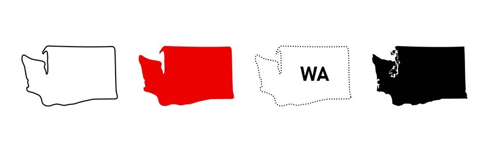 Washington map icon set. State outline, solid fill, dotted WA label sign an.. Illustrazione stock