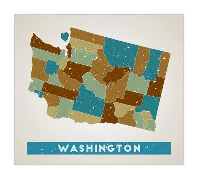 Washington map. Us state poster with regions. Old grunge texture. Shape of .. Stock Illustration