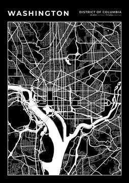 Washington Map Wall Art Frame, Cartography Map Print, City Layout Map Stock Illustration