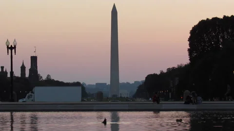Washington Monument, Capitol Reflecting Poolm, ducks DC sunset August 24, 2021 Stock Footage 159772007