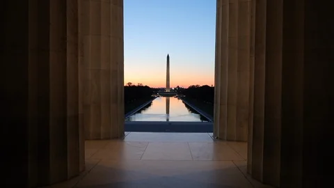 Washington Monument memorial tower in DC sunrise morning Stock-Footage 114069265