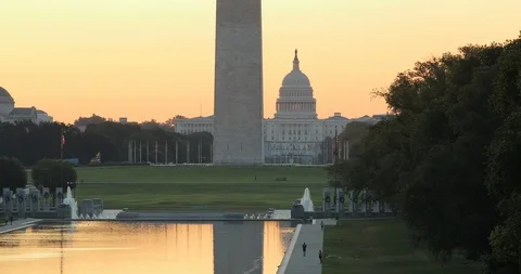 Washington Monument memorial tower in DC morning sunrise dawn capitol Stock Footage 114090177