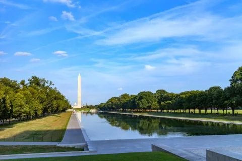 Washington monument reflected on the reflecting pool. Stock Photos