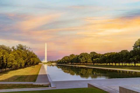 Washington monument reflected on the reflecting pool. Stock Photos