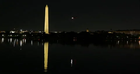 Washington Monument Reflection Tidal Basin With Helicopter Stock Footage 274301130