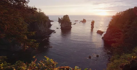 Washington - Olympic Sunset Over Pacific Ocean from Above - 6K Slow Motion Stock Footage 144353056