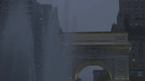 Washington Square Arch and the central fountain in Washington Square Park Stock Footage 94388468
