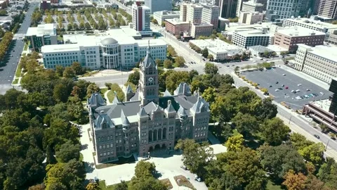 Washington square clock tower and historic courthouse building aerial view Stock Footage 261015178