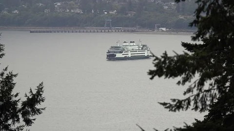 Washington State Ferry Boat Pudget Sound Ocean Water Trees Ferries Cars People Vídeo Stock 128758477