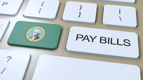 Washington State Flag and Pay Bills Text on Button 3D Illustration Stock Illustration