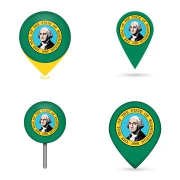 Washington State Flag Map Pin Icons Set Collection Stock Illustration