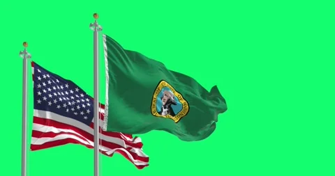 Washington state flags waving with the US flag isolated on green background Stock-Footage 293101194
