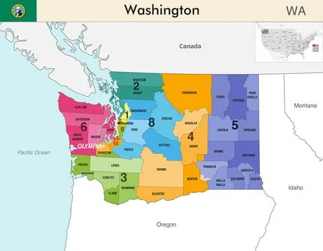 Washington state map with counties borders and congressional districts Illustrazione stock