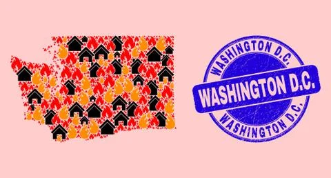Washington State Map Mosaic of Fire and Buildings and Grunge Washington D.C Stock Illustration