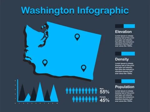 Washington State (USA) Map with Set of Infographic Elements in Blue Color Stock Illustration