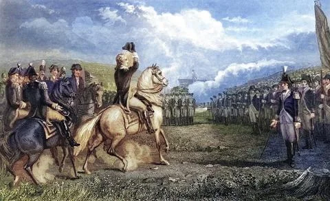 Washington takes command of the army in Cambridge Massachusetts USA 1775 Ilustración de archivo