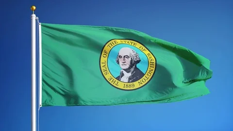Washington (U.S. state) flag in slow motion seamlessly looped with alpha Vidéo 70005559