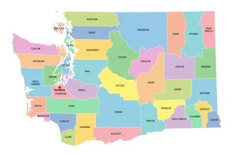 Washington, U.S. state, subdivided into 39 counties, multi colored map Illustrazione stock