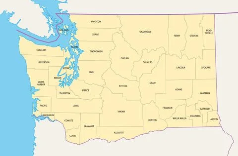 Washington, U.S. state, subdivided into 39 counties, political map Stock Illustration
