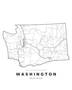 Washington WA Map Counties Highways Roads Black White Editable Vector Stock Illustration