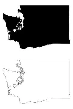 Washington WA state Map USA with Capital City Star at Olympia. Black &amp; White Stock Illustration