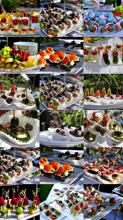 Wasps fly over beautifully decorated banquet table with snacks and canapes Stock Footage 307145830