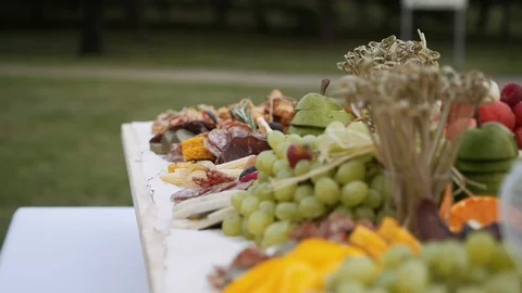 Wasps fly over fruit during an outdoor banquet Stock-Footage 123110998