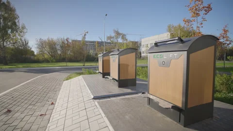 Waste containers feature metallic design and foot pedals Vídeo Stock 332719497