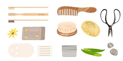 Waste-free set of items. Scissors, natural washcloth. Wooden comb and brush Stock Illustration