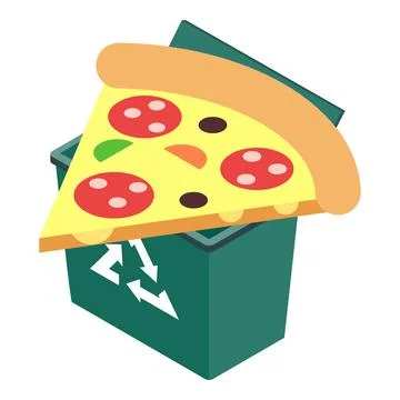 Waste icon isometric vector. Triangular piece of pizza with sausage in trash can Illustrazione stock